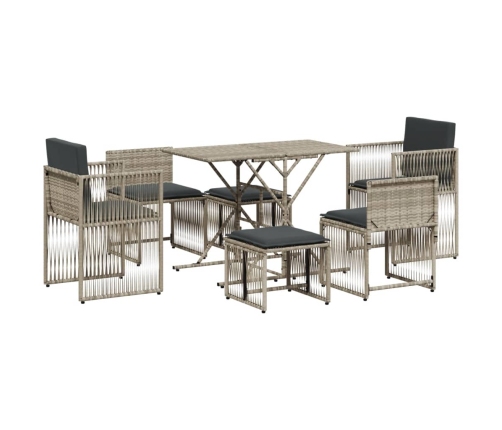 Set comedor jardín 7 pzas y cojines ratán sintético gris claro