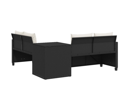 Sofá de jardín en forma de L con mesa y cojines ratán PE negro