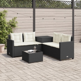 Sofá de jardín en forma de L con mesa y cojines ratán PE negro