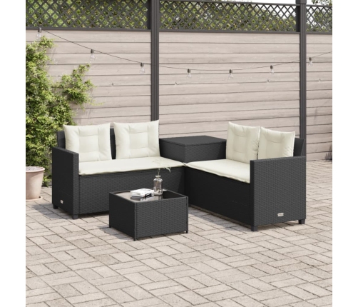 Sofá de jardín en forma de L con mesa y cojines ratán PE negro