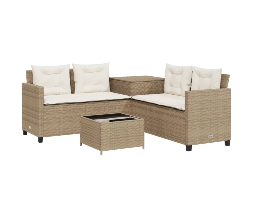 Sofá de jardín en forma de L con mesa y cojines ratán PE beige