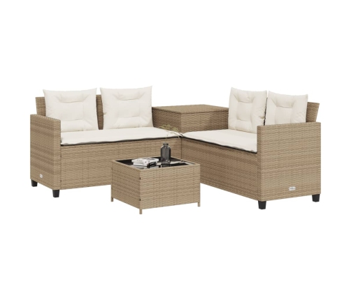 Sofá de jardín en forma de L con mesa y cojines ratán PE beige