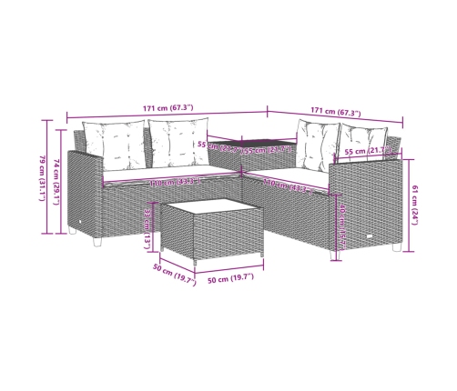 Sofá de jardín en forma de L con mesa y cojines ratán PE beige