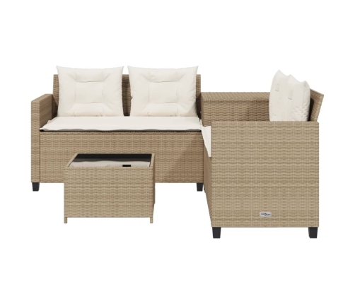 Sofá de jardín en forma de L con mesa y cojines ratán PE beige