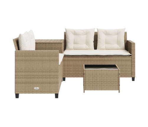 Sofá de jardín en forma de L con mesa y cojines ratán PE beige