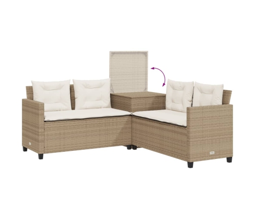 Sofá de jardín en forma de L con mesa y cojines ratán PE beige