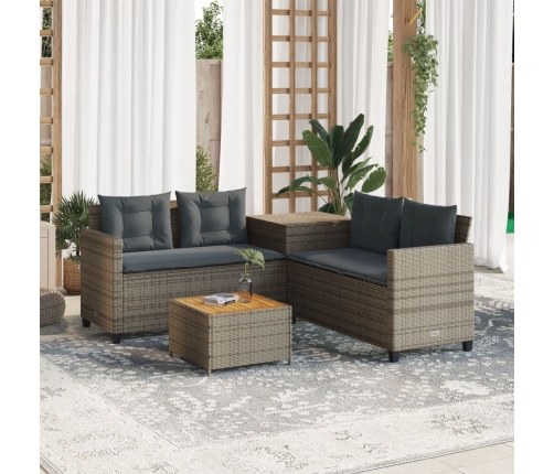 Sofá de jardín en forma de L con mesa y cojines ratán PE gris