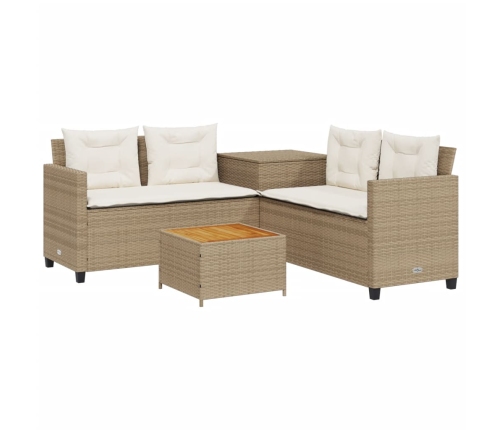 Sofá de jardín en forma de L con mesa y cojines ratán PE beige