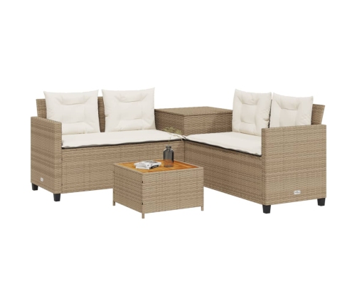 Sofá de jardín en forma de L con mesa y cojines ratán PE beige