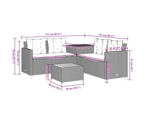 Sofá de jardín en forma de L con mesa y cojines ratán PE beige