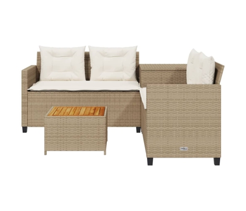 Sofá de jardín en forma de L con mesa y cojines ratán PE beige