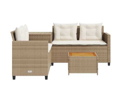Sofá de jardín en forma de L con mesa y cojines ratán PE beige