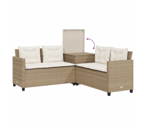 Sofá de jardín en forma de L con mesa y cojines ratán PE beige