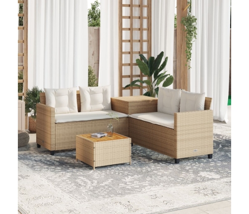 Sofá de jardín en forma de L con mesa y cojines ratán PE beige