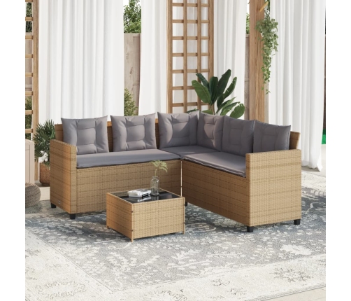 Sofá de jardín en forma de L con mesa y cojines ratán PE beige