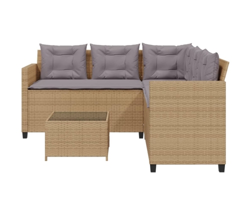 Sofá de jardín en forma de L con mesa y cojines ratán PE beige
