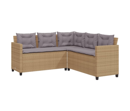 Sofá de jardín en forma de L con mesa y cojines ratán PE beige