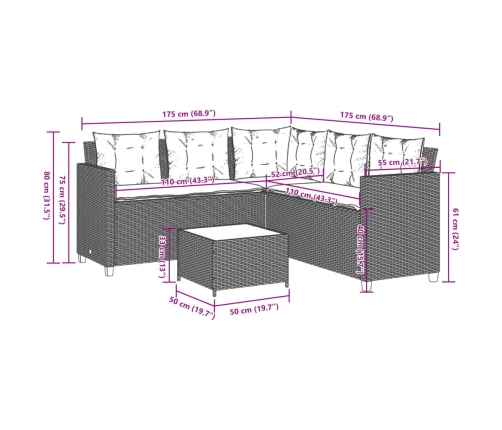 Sofá de jardín en forma de L con mesa y cojines ratán PE beige
