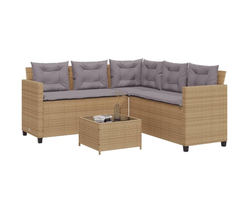 Sofá de jardín en forma de L con mesa y cojines ratán PE beige