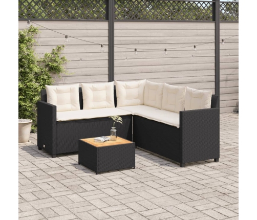 Sofá de jardín en forma de L con mesa y cojines ratán PE negro