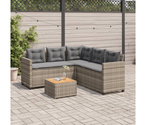 Sofá de jardín en forma de L con mesa y cojines ratán PE gris