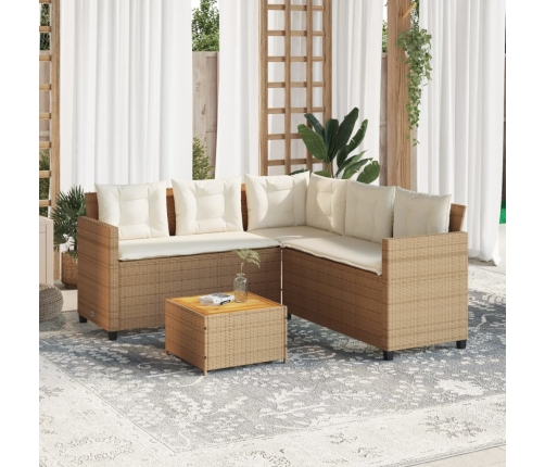 Sofá de jardín en forma de L con mesa y cojines ratán PE beige