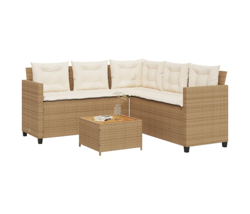Sofá de jardín en forma de L con mesa y cojines ratán PE beige