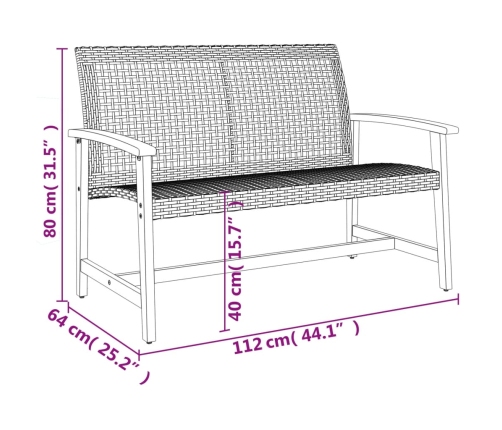 Banco de jardín madera de acacia y ratán PE negro 112 cm
