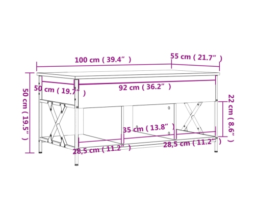 Mesa de centro madera ingeniería metal gris Sonoma 100x55x50 cm