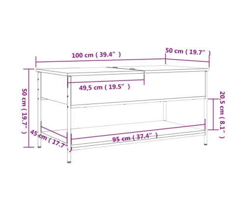 Mesa de centro madera ingeniería metal roble Sonoma 100x50x50cm