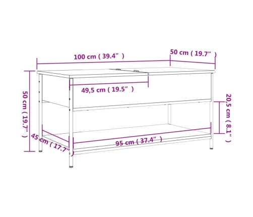 Mesa de centro madera ingeniería metal roble humo 100x50x50 cm