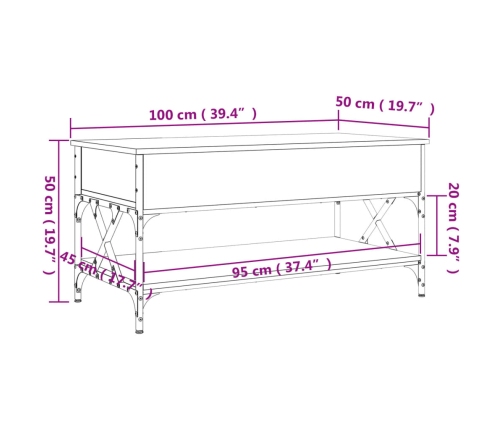 Mesa de centro madera ingeniería metal roble humo 100x50x50 cm