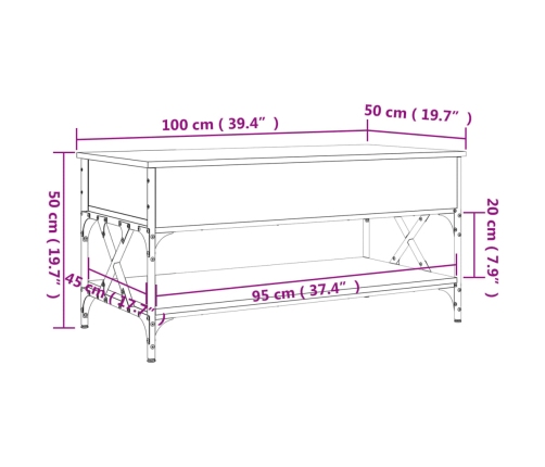 Mesa de centro madera ingeniería metal gris Sonoma 100x50x50 cm