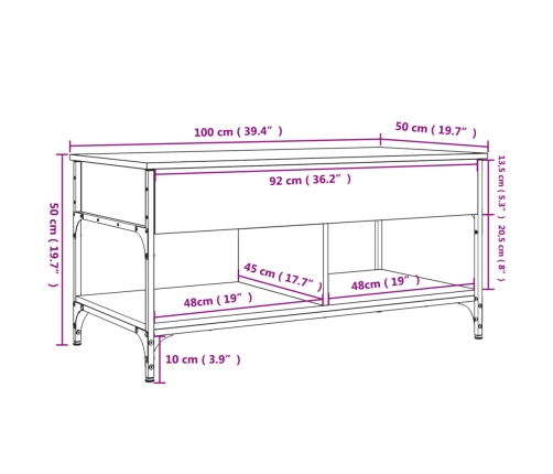 Mesa de centro madera ingeniería metal roble Sonoma 100x50x50cm