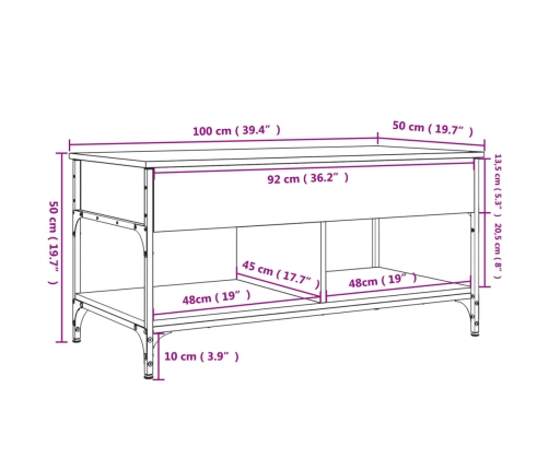 Mesa de centro madera ingeniería metal roble humo 100x50x50 cm