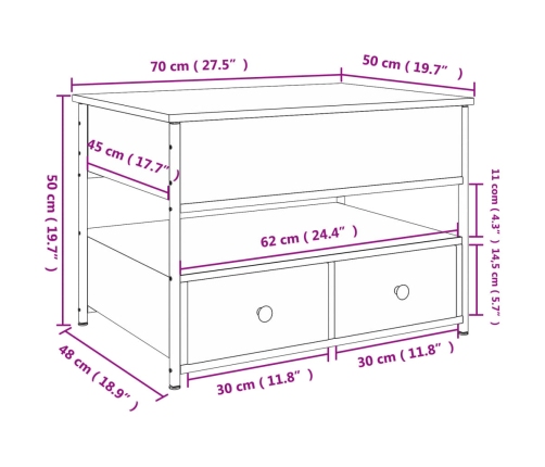 vidaXL Mesa de centro madera ingeniería metal roble humo 70x50x50 cm