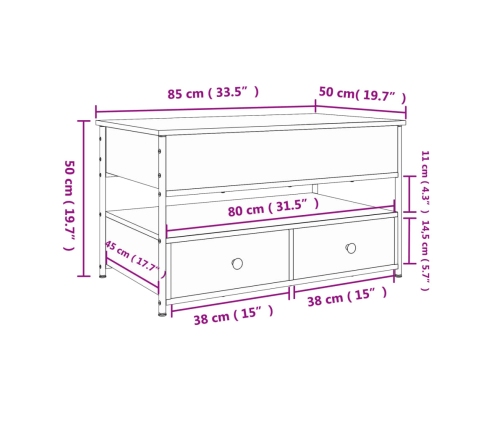 vidaXL Mesa de centro madera de ingeniería y metal roble 85x50x50 cm