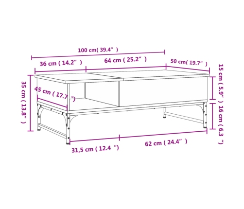 Mesa de centro madera ingeniería metal roble humo 100x50x35 cm