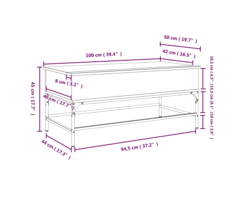 vidaXL Mesa de centro madera ingeniería metal roble Sonoma 100x50x45cm