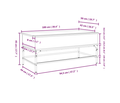 Mesa de centro madera ingeniería metal roble marrón 100x50x45cm