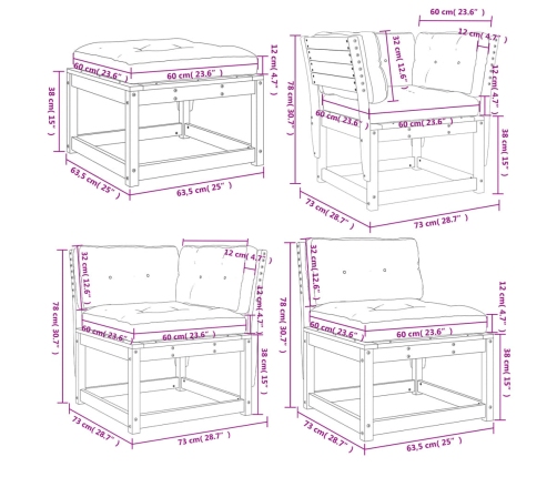Set muebles jardín 5 pzas con cojines madera maciza pino blanco