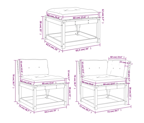 Set muebles jardín 7 pzas con cojines madera maciza pino blanco