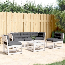 Set sofás jardín 5 pzas con cojines madera maciza pino blanco