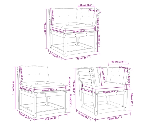 Set sofás jardín 5 pzas con cojines madera maciza pino blanco