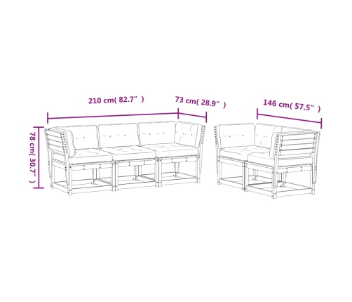 Set de sofás jardín 5 pzas con cojines madera pino marrón cera