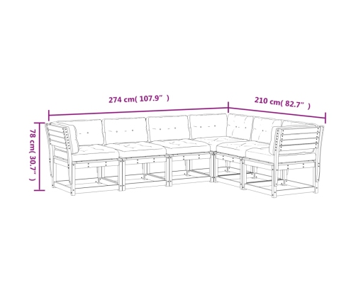 Set de sofás jardín 6 pzas con cojines madera pino marrón cera