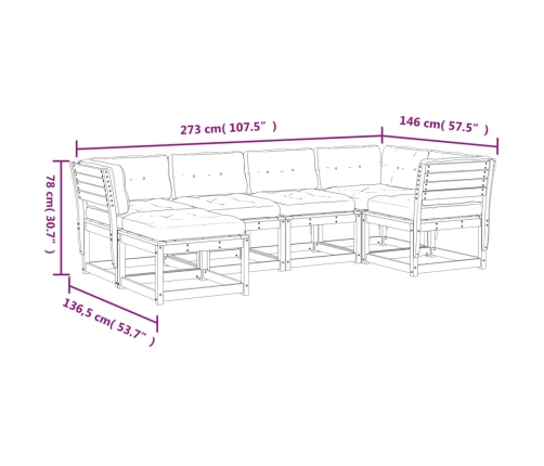 Set de sofás jardín 6 pzas con cojines madera pino marrón cera