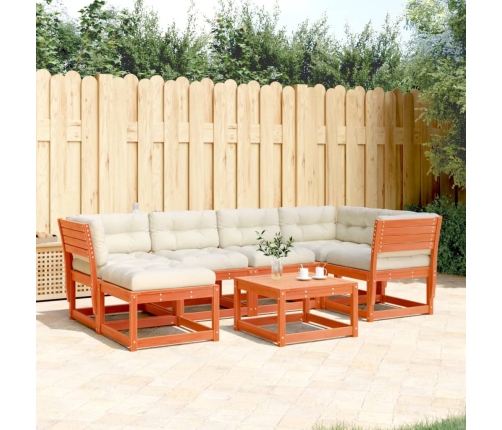 Set de sofás jardín 6 pzas con cojines madera pino marrón cera
