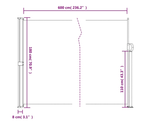 Toldo lateral retráctil azul 180x600 cm