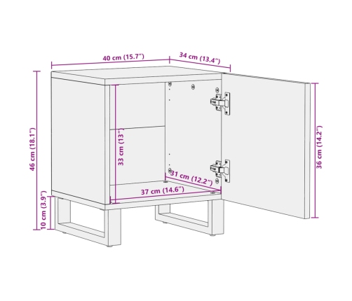 Mesita de noche de madera maciza de mango rugosa 40x34x46 cm